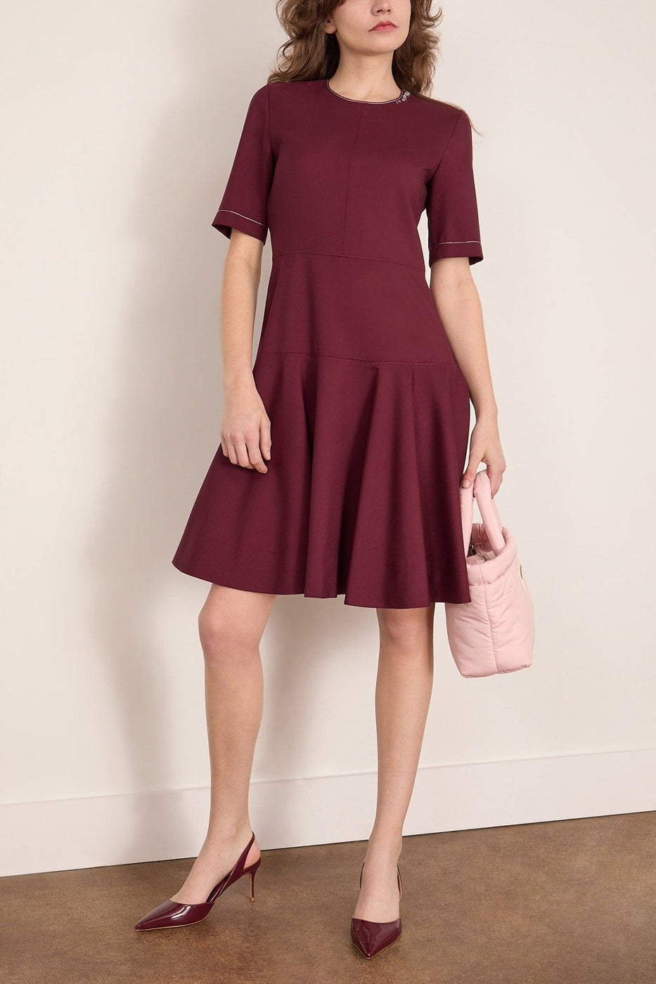 Marni Embroidered Short Sleeve Midi Dress in Dark Burgundy