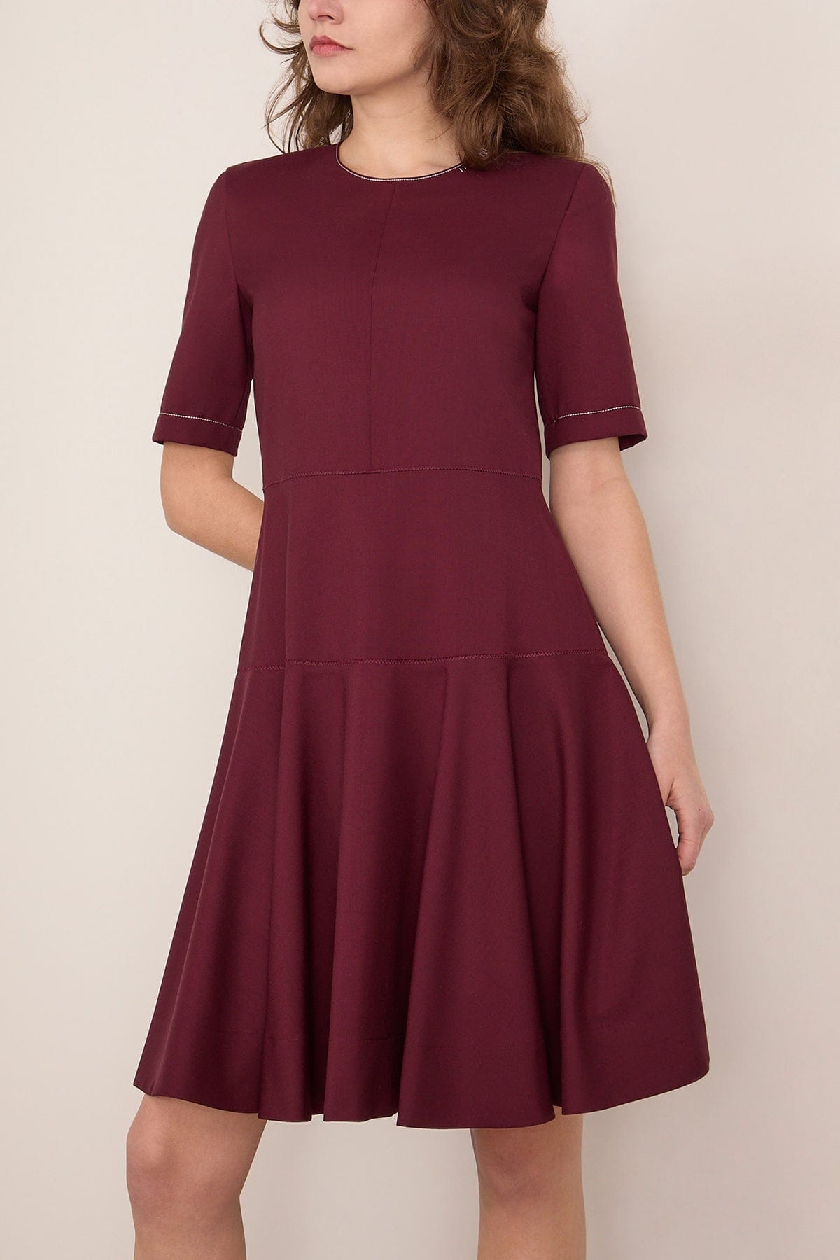 Embroidered Short Sleeve Midi Dress in Dark Burgundy