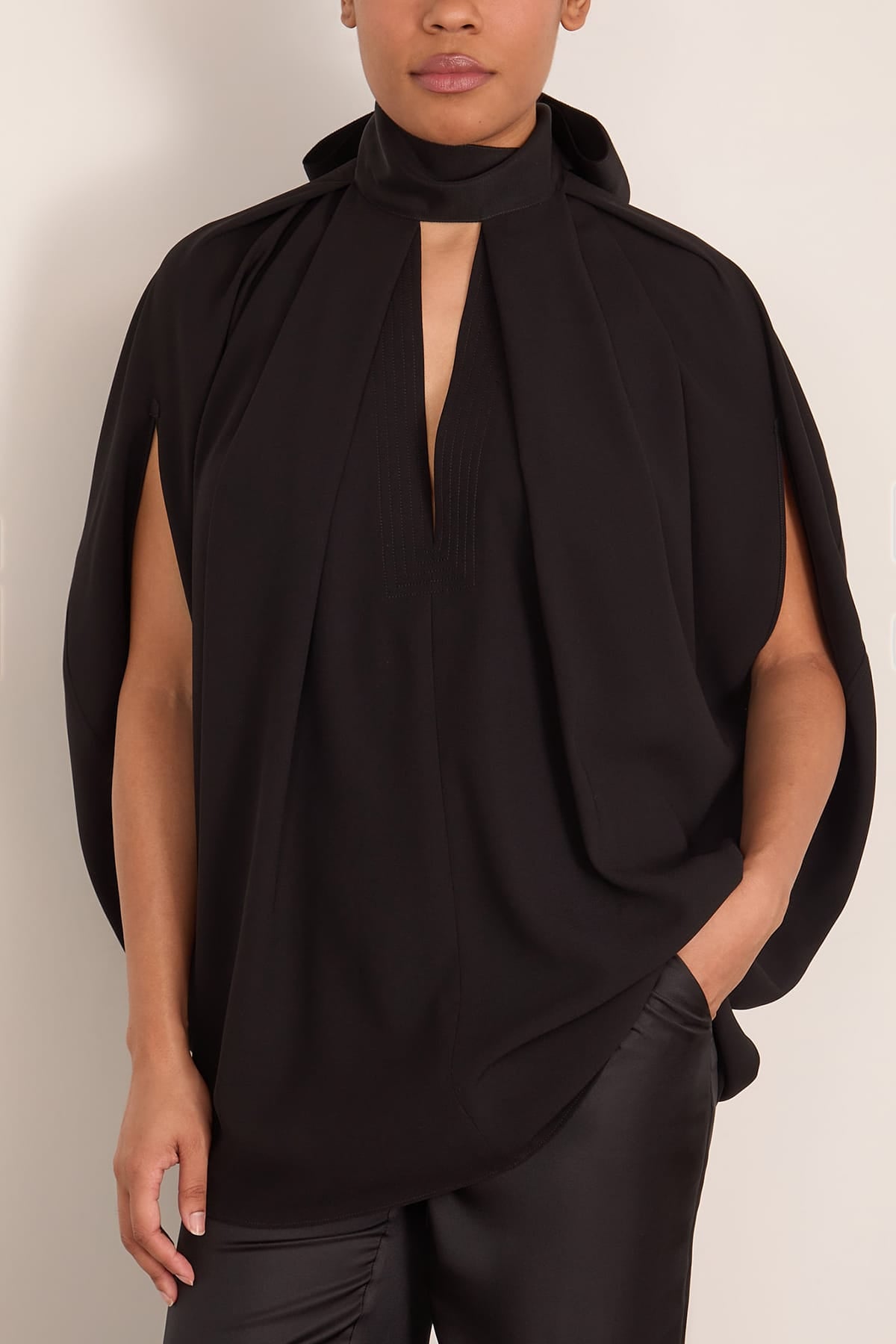Lanvin Knotted High Neck Crepe Top in Black