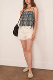 R13 Square Neck Cami with Ties in Indigo Medallion Print