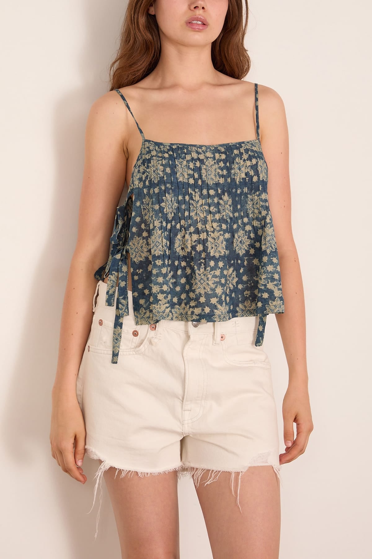 R13 Square Neck Cami with Ties in Indigo Medallion Print