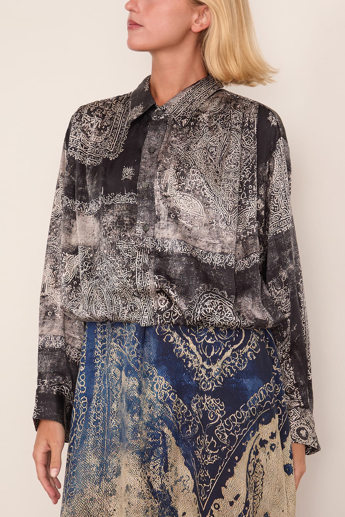 R13 Bubble Shirt with Gathered Yoke in Black Multi Medallion