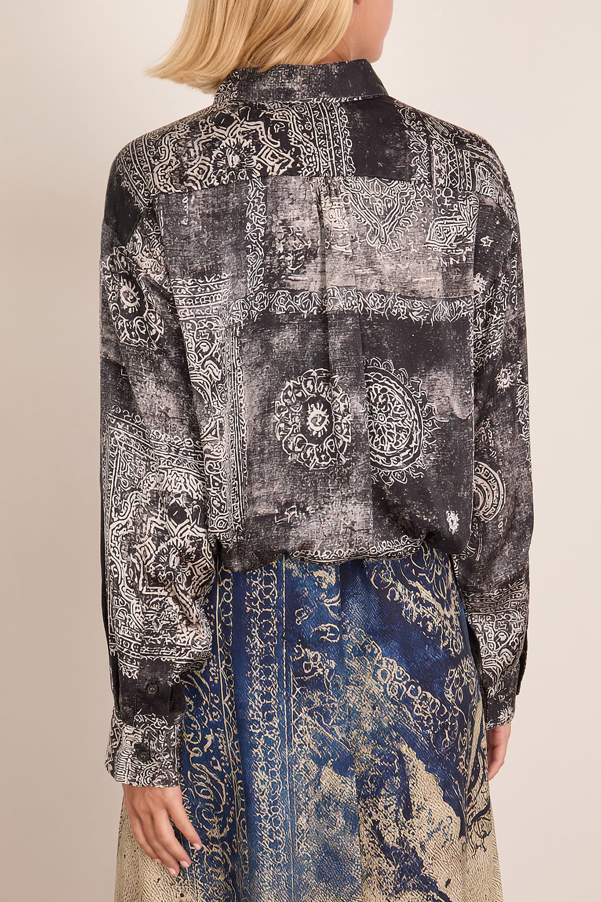 R13 Bubble Shirt with Gathered Yoke in Black Multi Medallion