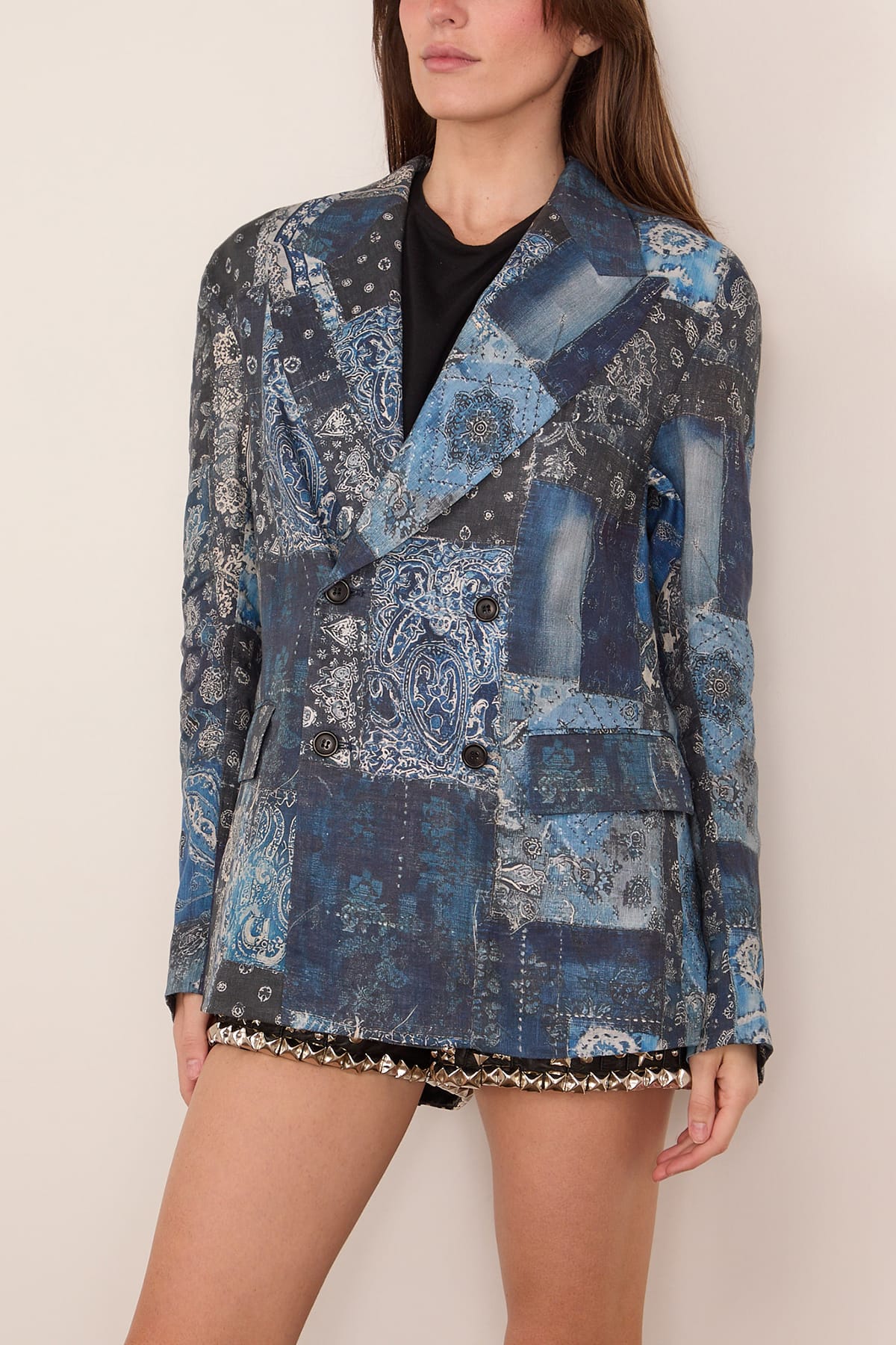 R13 Double Breasted Peak Lapel Ragged Blazer in Blue Multi Bandana