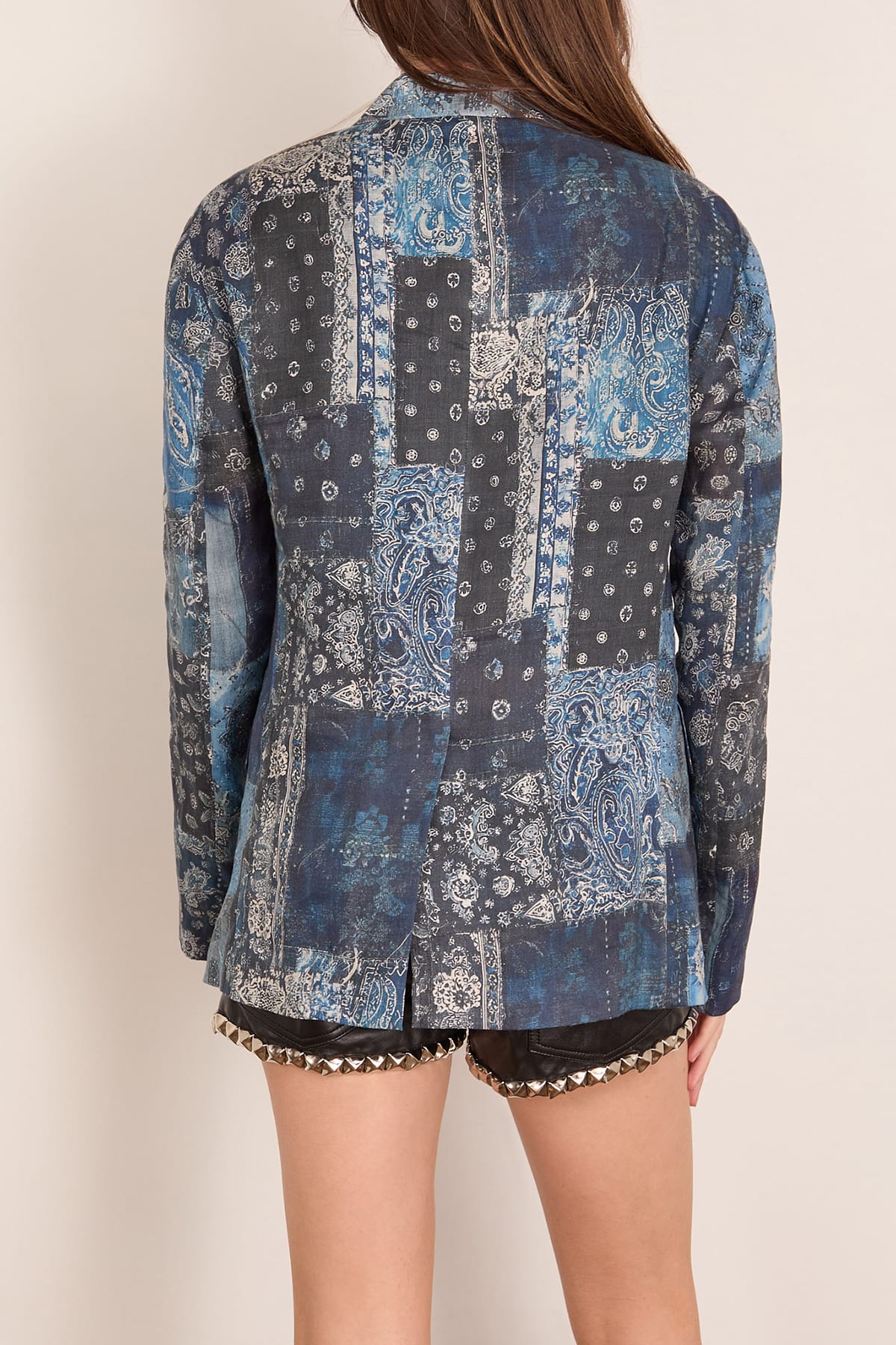 R13 Double Breasted Peak Lapel Ragged Blazer in Blue Multi Bandana