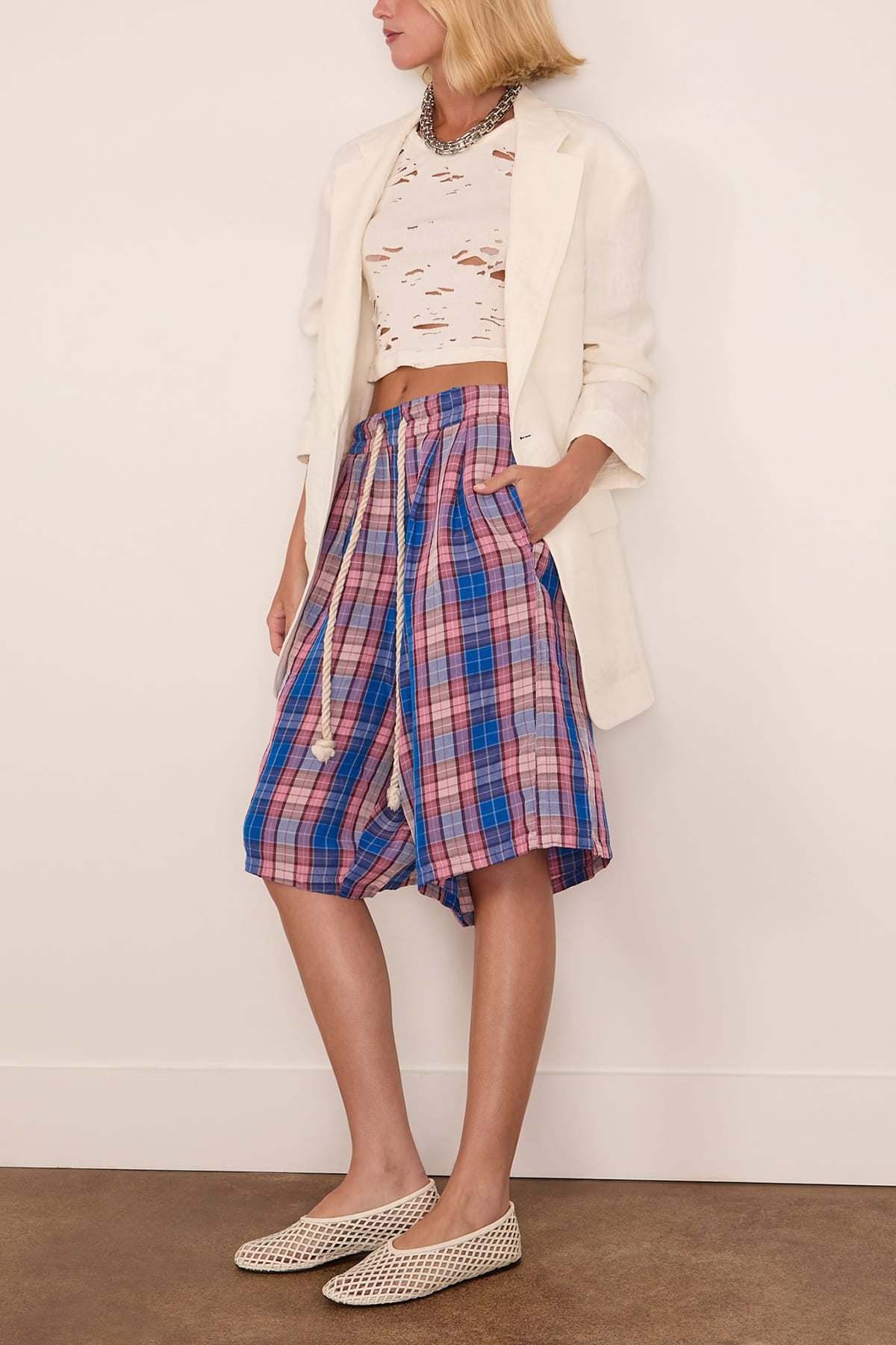 R13 Pleated Jumbo Short with Elastic Waist in Blue/Pink Plaid