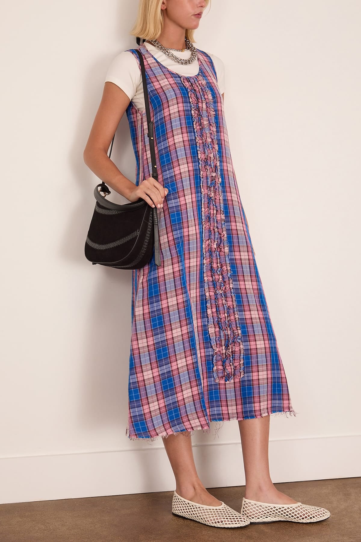 R13 Sleeveless Midi Dress with Ruffles in Blue Pink Plaid