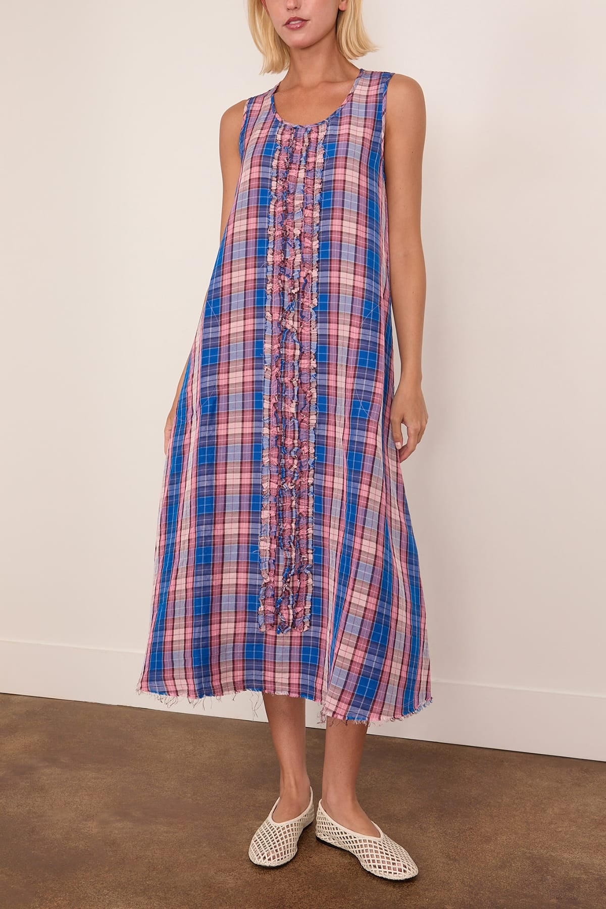 R13 Sleeveless Midi Dress with Ruffles in Blue Pink Plaid