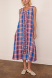 R13 Sleeveless Midi Dress with Ruffles in Blue Pink Plaid