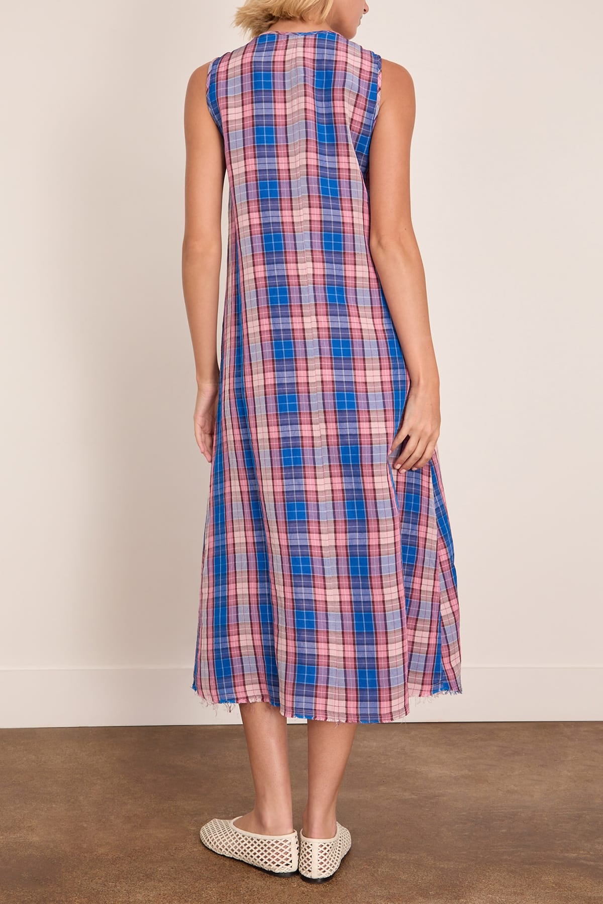 R13 Sleeveless Midi Dress with Ruffles in Blue Pink Plaid