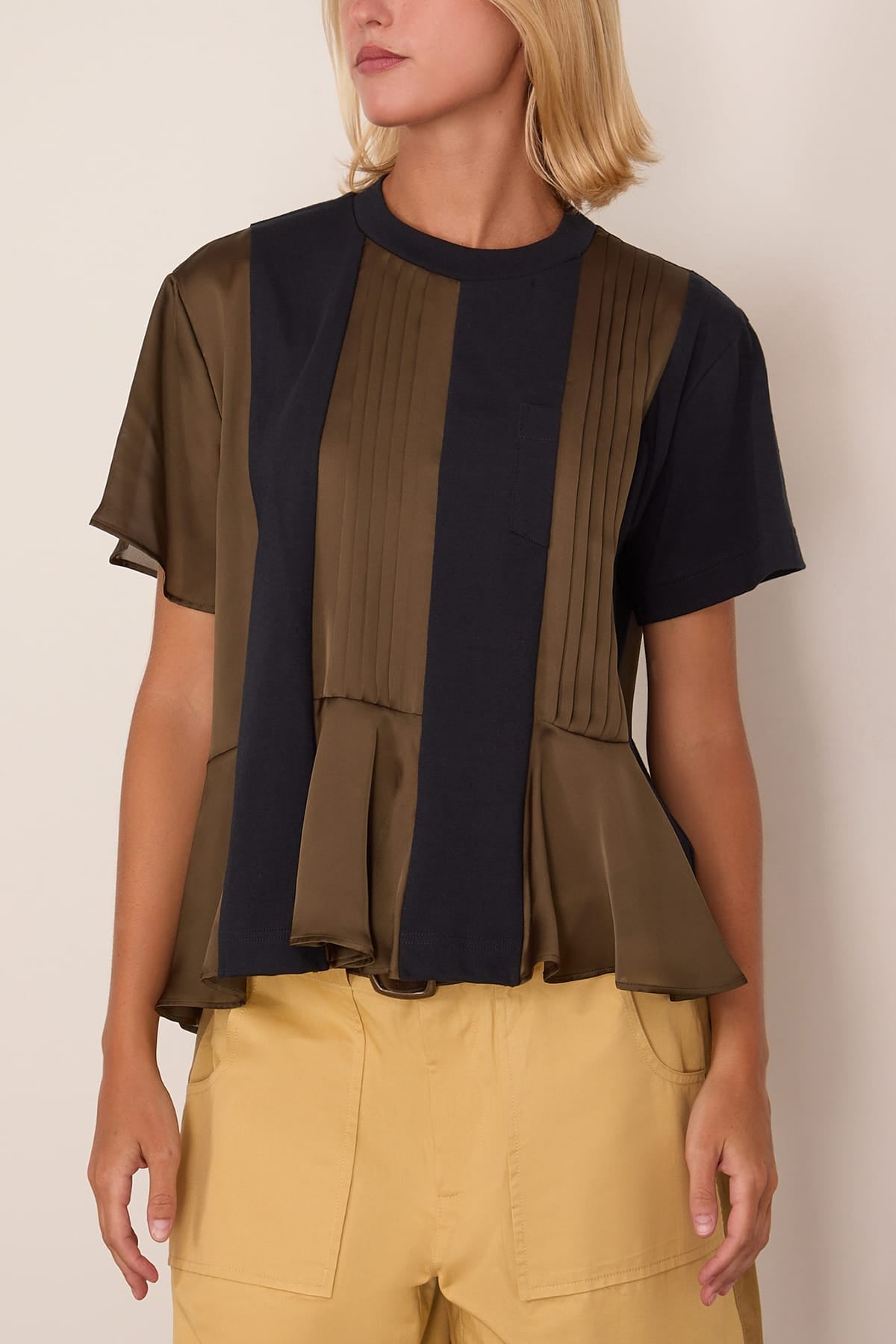 Sacai Satin x Cotton Jersey T-Shirt in Navy x Khaki