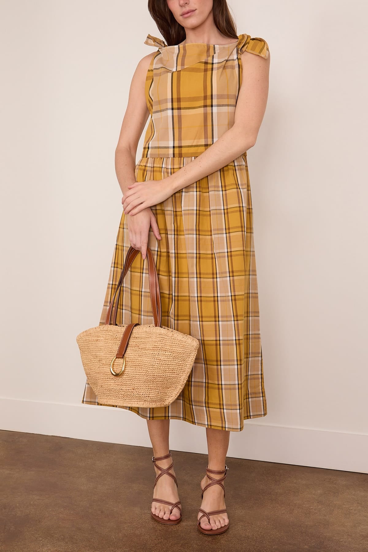 Sea New York Copeland Plaid Midi Dress Yellow 8 US
