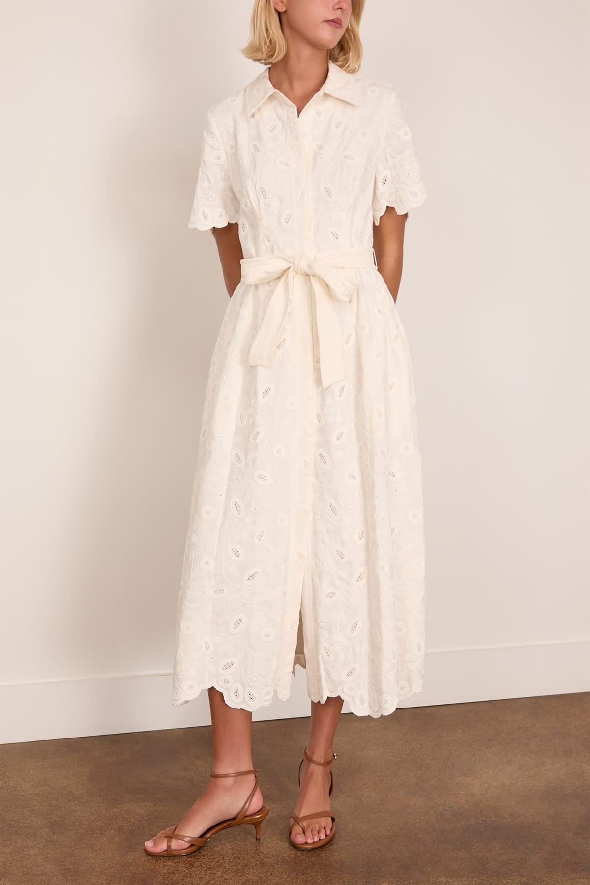 Simkhai Audria Short Sleeve Belted Midi Dress in Ivory
