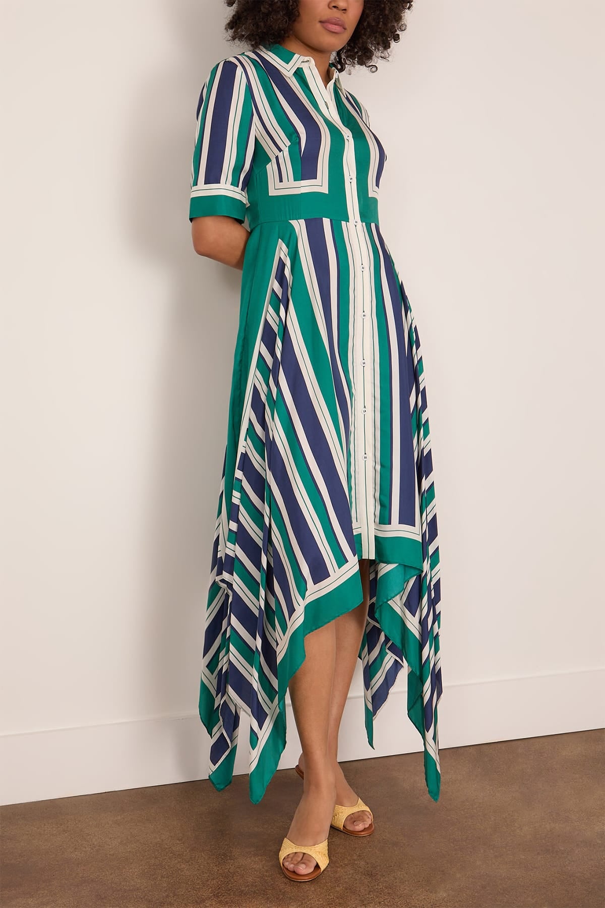 Simkhai Abrielle Handkerchief Midi Dress in Kelly Green Stripe