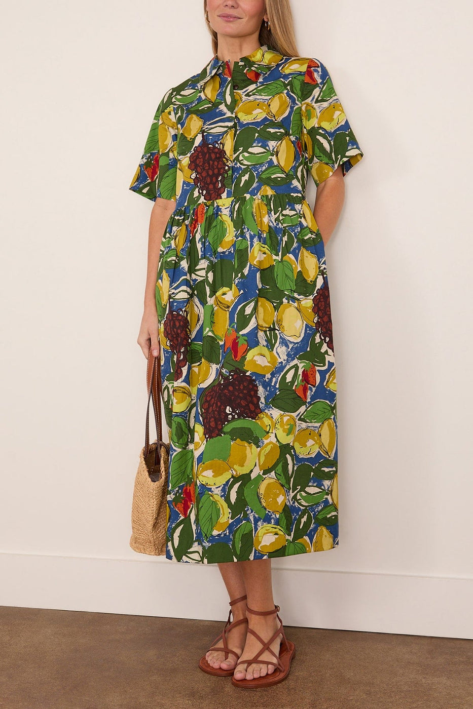 Toast Sketched Fruit Print Shirt Dress in Verdigris/Multi