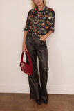 R13 Drop Neck Ruffle Shirt in Black and Red Multi Floral Butterfly