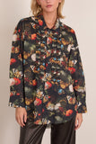R13 Drop Neck Ruffle Shirt in Black and Red Multi Floral Butterfly