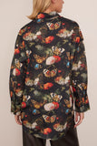 R13 Drop Neck Ruffle Shirt in Black and Red Multi Floral Butterfly