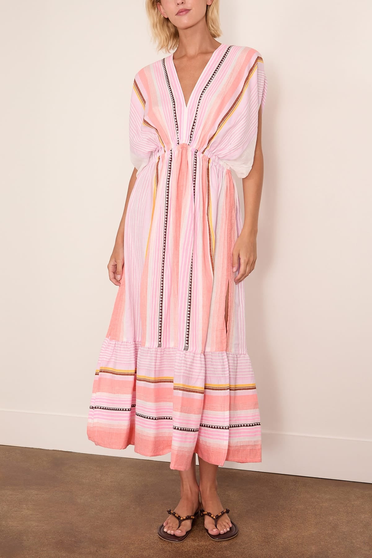 lemlem maxi dress Leila Plunge Dress - Kiremiti Pink, With Stripes, in Cotton - Size L - Light & Comfortable Feel - Hand-woven in Ethiopia