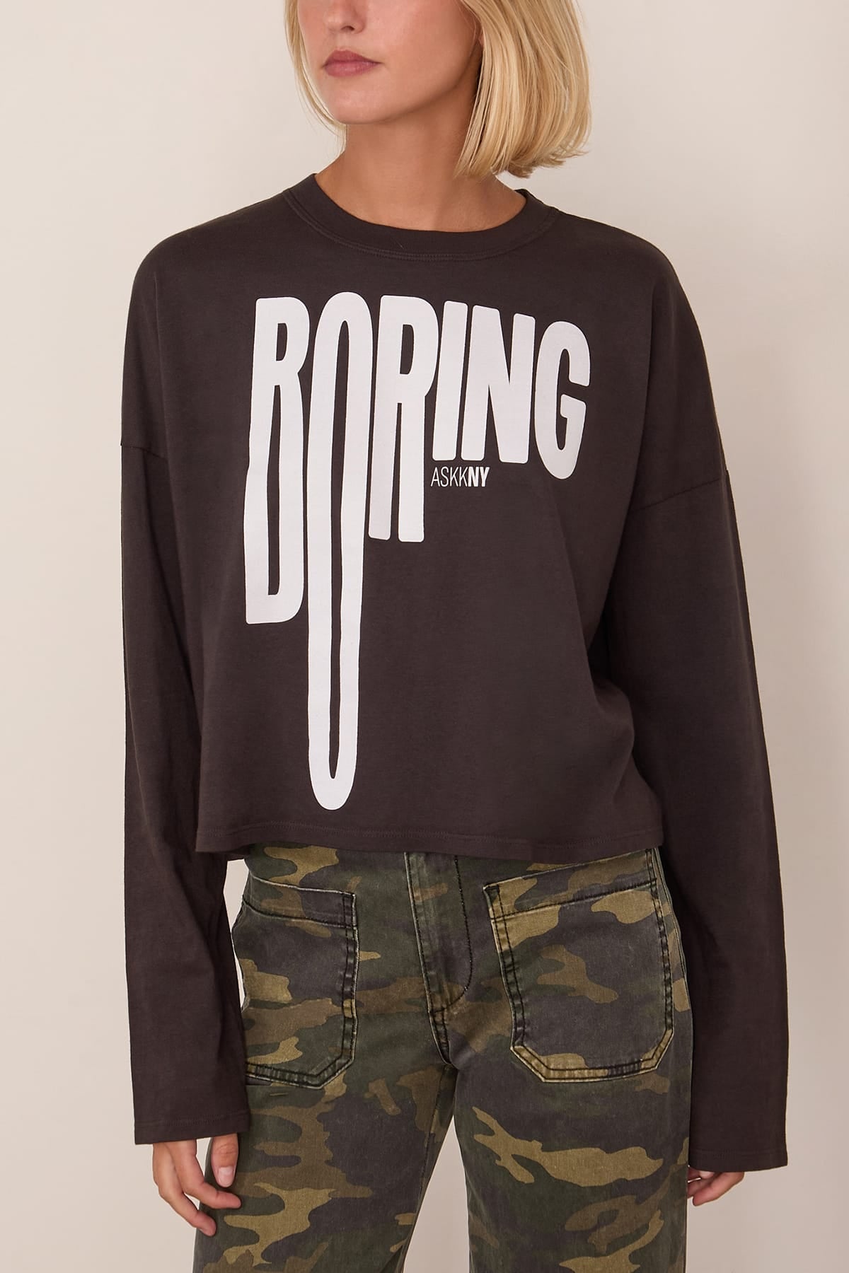 Askk NY Cropped Long Sleeve Printed Tee in Boring