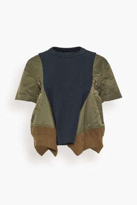 Nylon Twill x Cotton Jersey T-Shirt in Dark Khaki/Navy