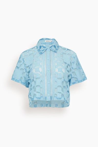 Makaia Cropped Short Sleeve Button Down Shirt in Azure Sky Multi