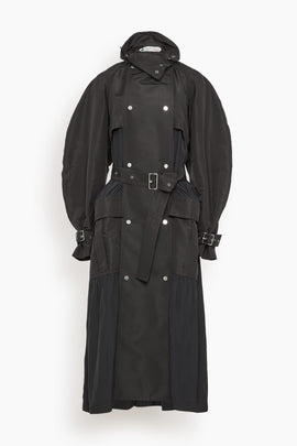 Bi-Material Trench Coat in Black