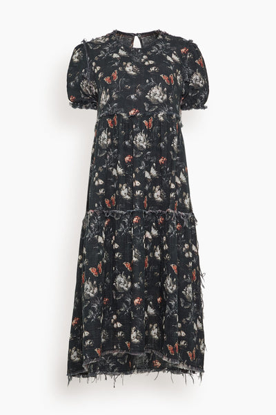 Reversible Shredded Relaxed Midi Dress in Black Butterflies with Plaid