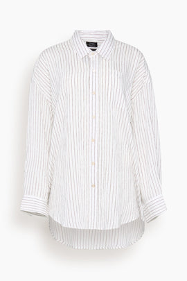 Drop Neck Shirt in White Narrow Brown Stripe