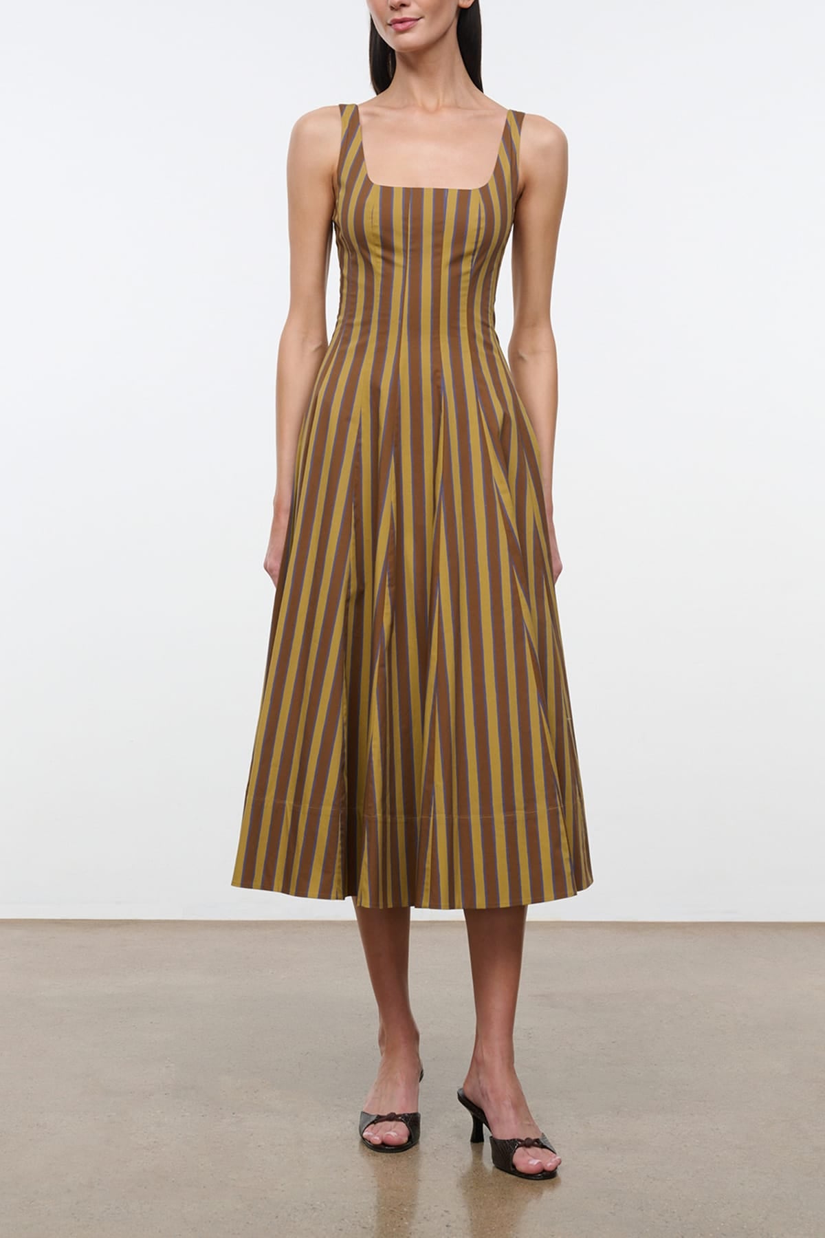 STAUD Wells Striped Poplin Midi Dress, Cigar Stri, Women's, 8