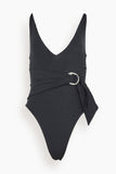 Simkhai Swimwear Niya Deep V Tie Waist One Piece Swimsuit in Black