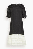 Lanvin Pleated Bi-Material Dress in Ecru