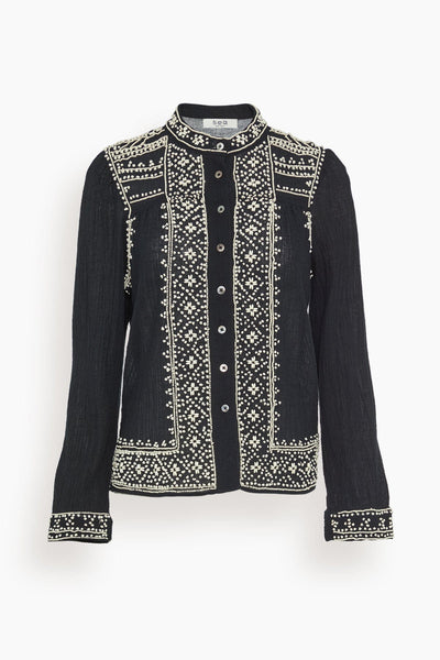 Mille Embroidery Long Sleeve Button Down Top in Black