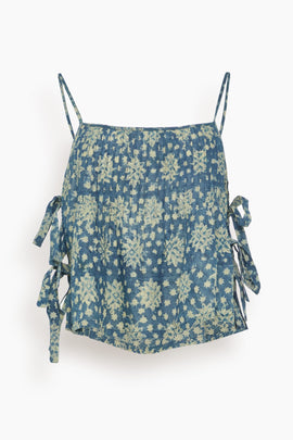 Square Neck Cami with Ties in Indigo Medallion Print
