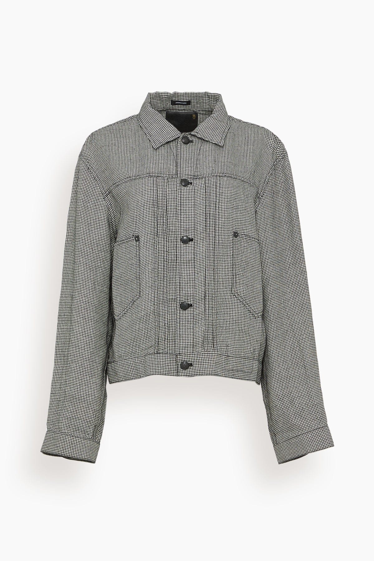R13 Relaxed Pleated Trucker Jacket in Black and White Houndstooth