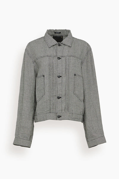Relaxed Pleated Trucker Jacket in Black and White Houndstooth