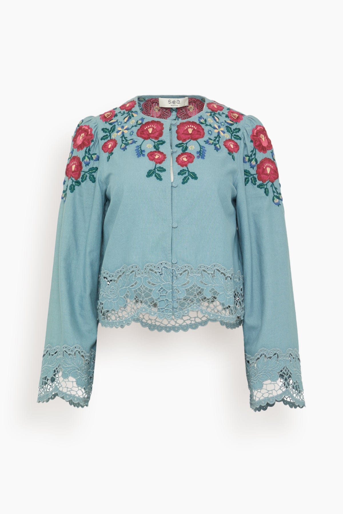 Sea Rosaline Embroidery Long Sleeve Button Up Top in Blue