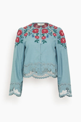 Rosaline Embroidery Long Sleeve Button Up Top in Blue