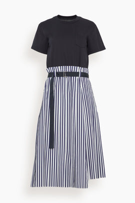 Cotton Poplin x Cotton Jersey Dress in Navy Stripe