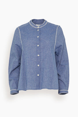 Embroidered Cotton Linen Chambray Shirt in Chambray Blue