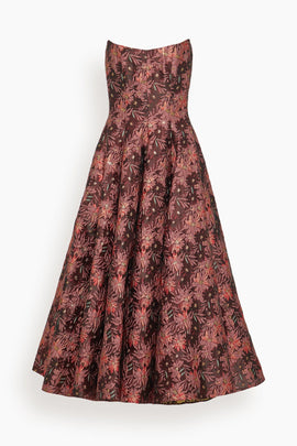 Rousseau Floral Brocade Midi Dress in Burgundy Metallic Daisy