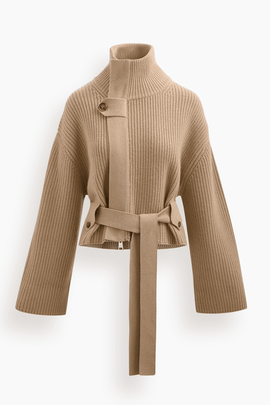The Neal Zip Front Sweater with Tie Belt in Camel