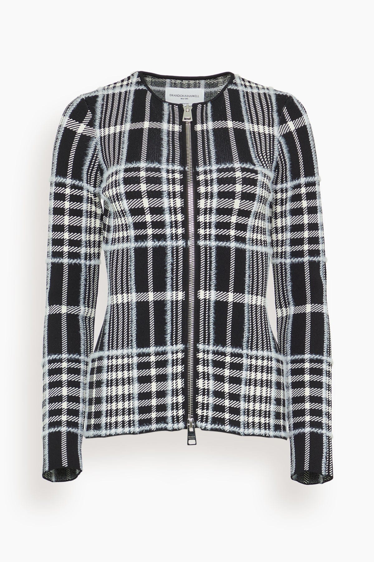 Brandon Maxwell The Greer Zip Front Knit Cardigan in Black Plaid