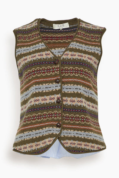 Ciara Fair Isle Knit Combo Vest in Olive
