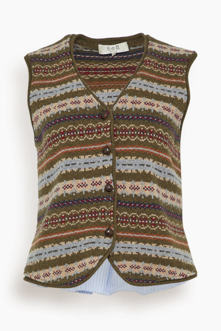 Sea Ciara Fair Isle Knit Combo Vest in Olive