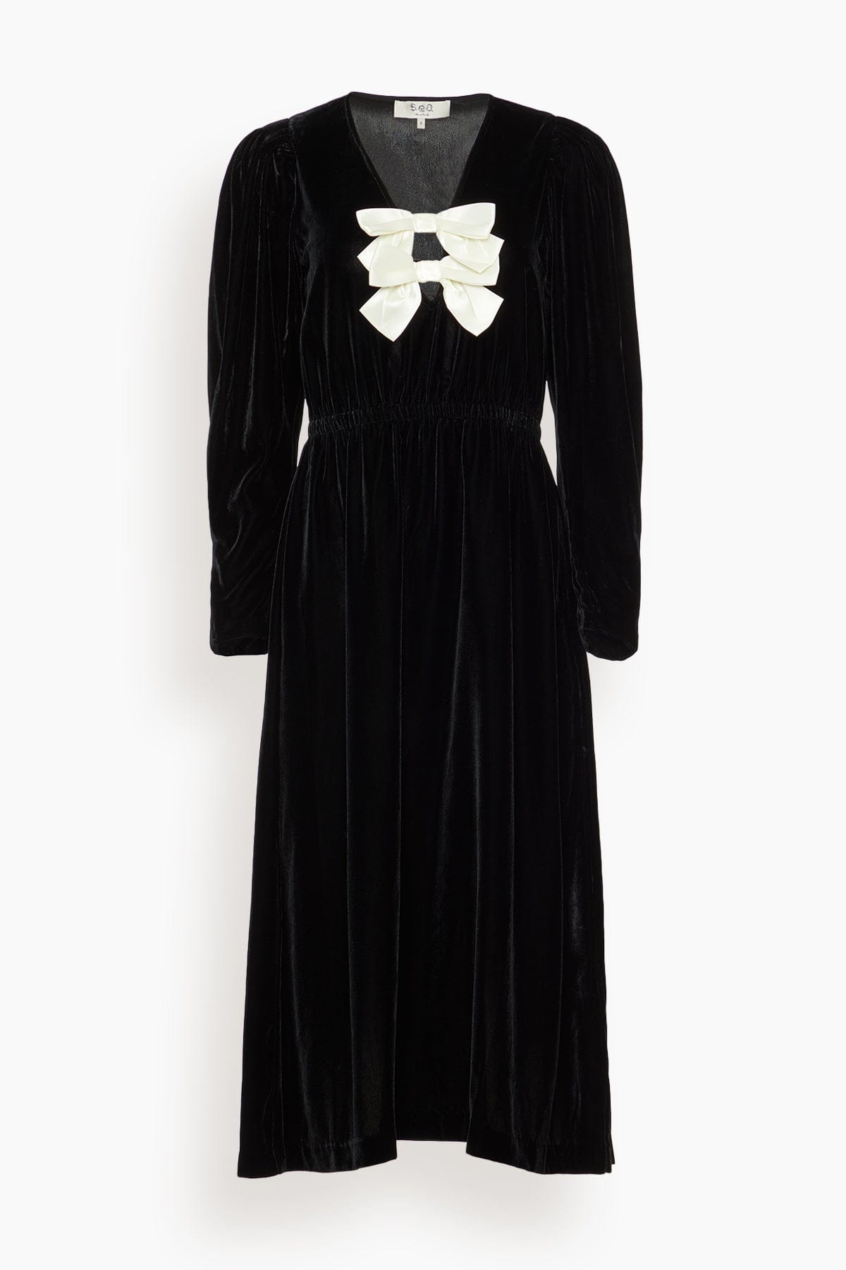 Sea Seraphine Velvet Long Sleeve Midi Dress in Black