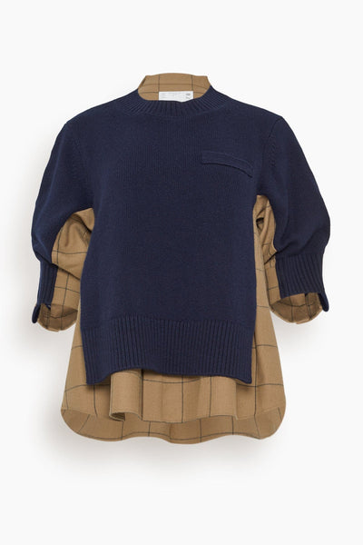 Windowpane Knit Pullover in Navy/Beige