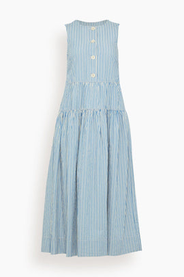 Pleated Candy Stripe Cotton Dress in Ocean Blue/Ecru