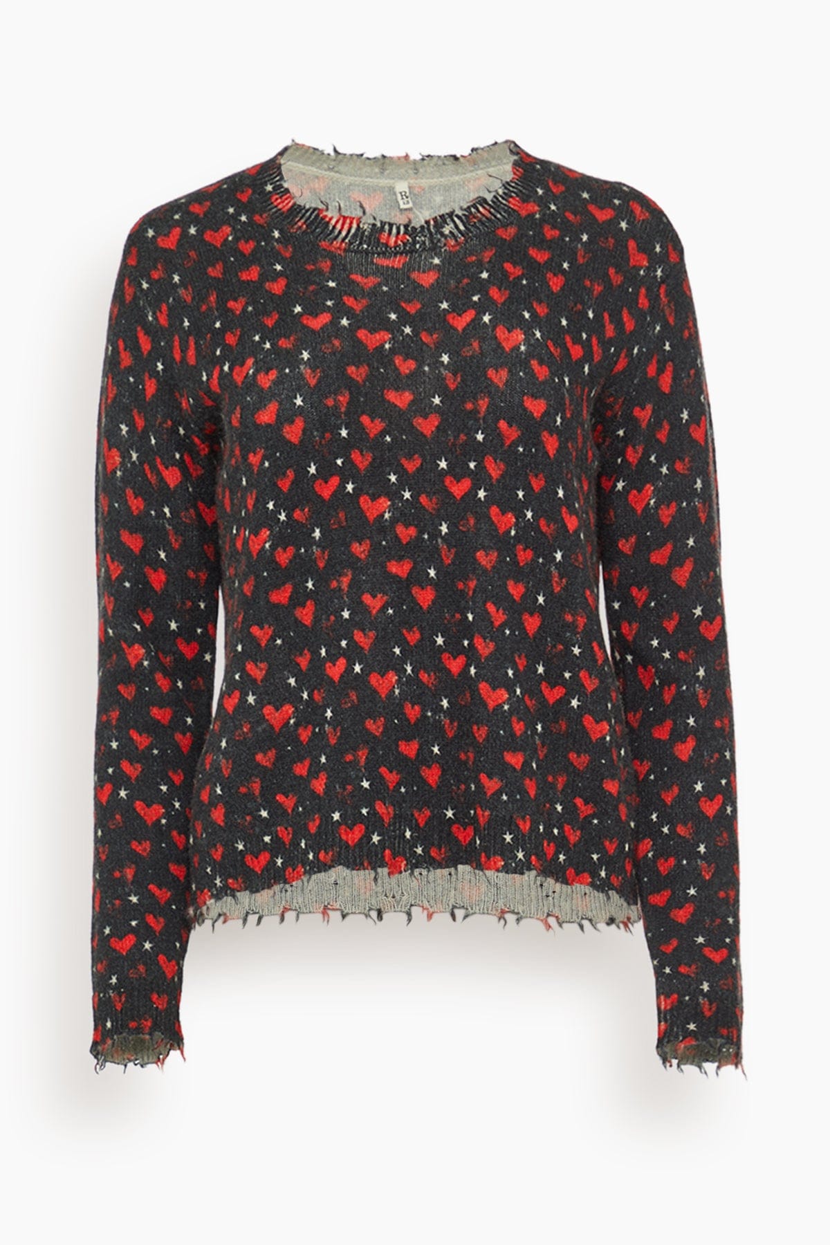 R13 Printed Relaxed Crewneck Sweater in Red Hearts on Black