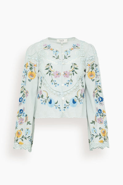 Celia Embroidery Long Sleeve Blouse in Sky